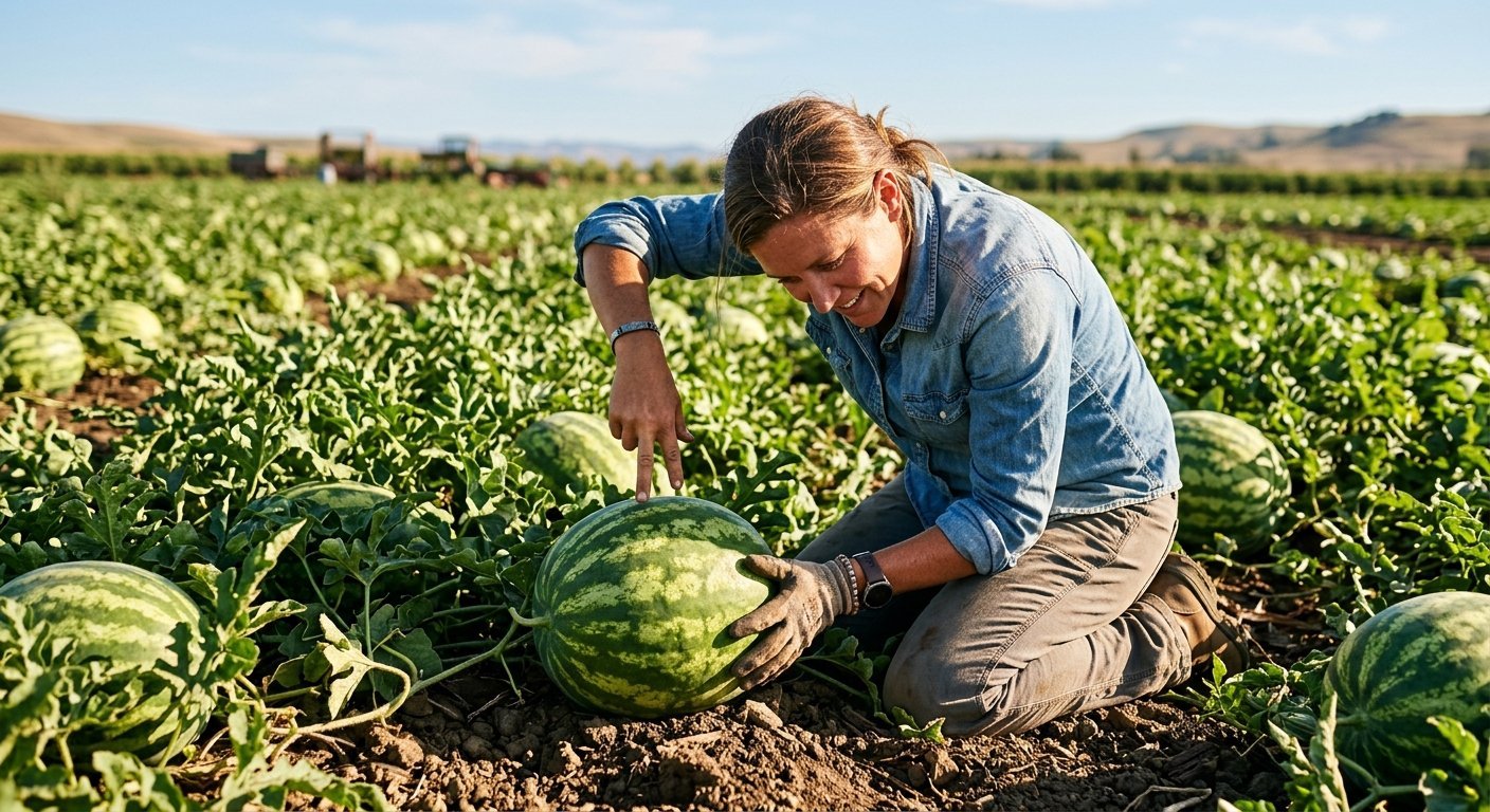 A person kneeling in a sunlit field with their ear pressed to a large watermelon while thumping the rind.