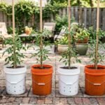 Six young tomato plants staked in orange and white buckets on a brick patio