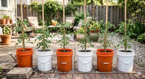 Six young tomato plants staked in orange and white buckets on a brick patio