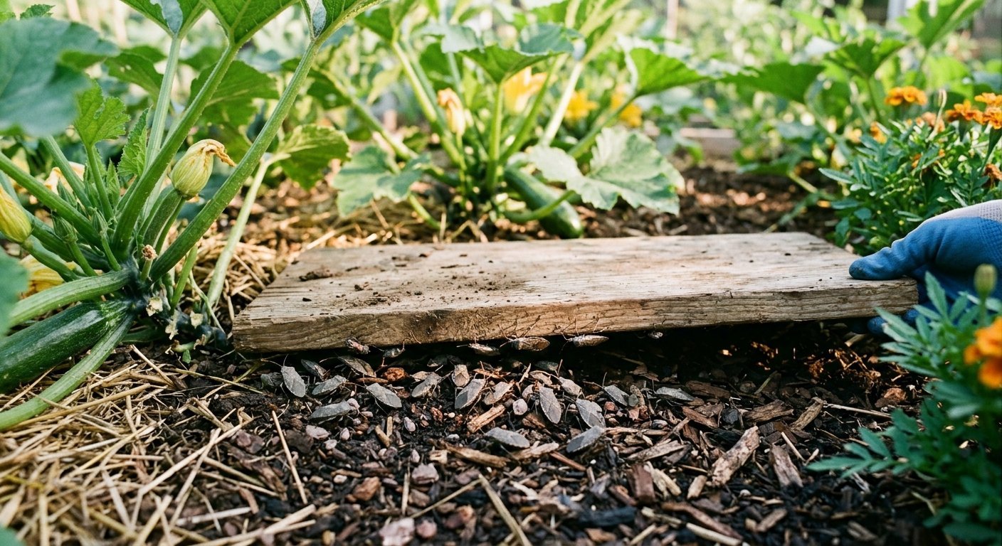 A wooden board being lifted to reveal squash bugs trapped underneath.