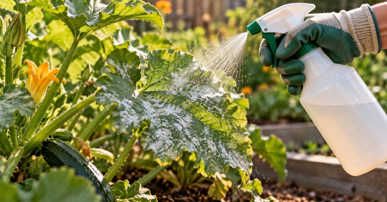 Gloved hand spraying a powdery mildew-affected squash leaf with a treatment solution in the garden.