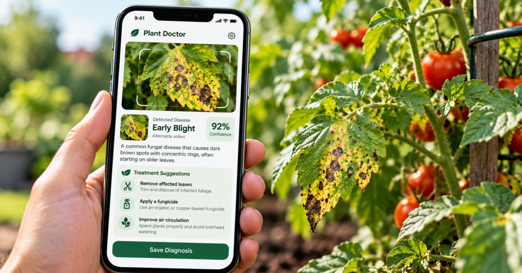 Smartphone plant diagnosis app analyzing a diseased tomato leaf and displaying a disease match with a confidence percentage.