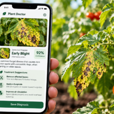Smartphone plant diagnosis app analyzing a diseased tomato leaf and displaying a disease match with a confidence percentage.