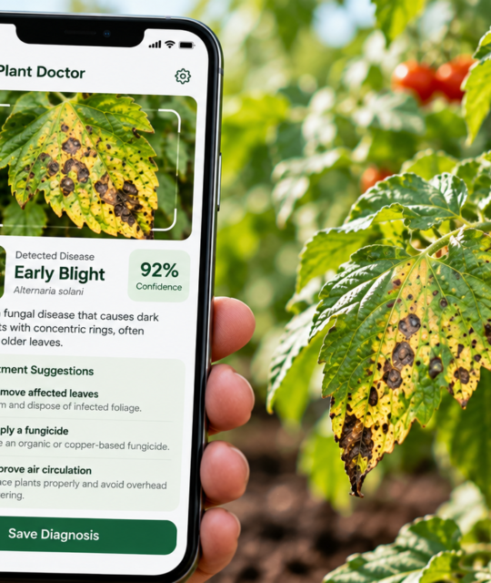 Smartphone plant diagnosis app analyzing a diseased tomato leaf and displaying a disease match with a confidence percentage.