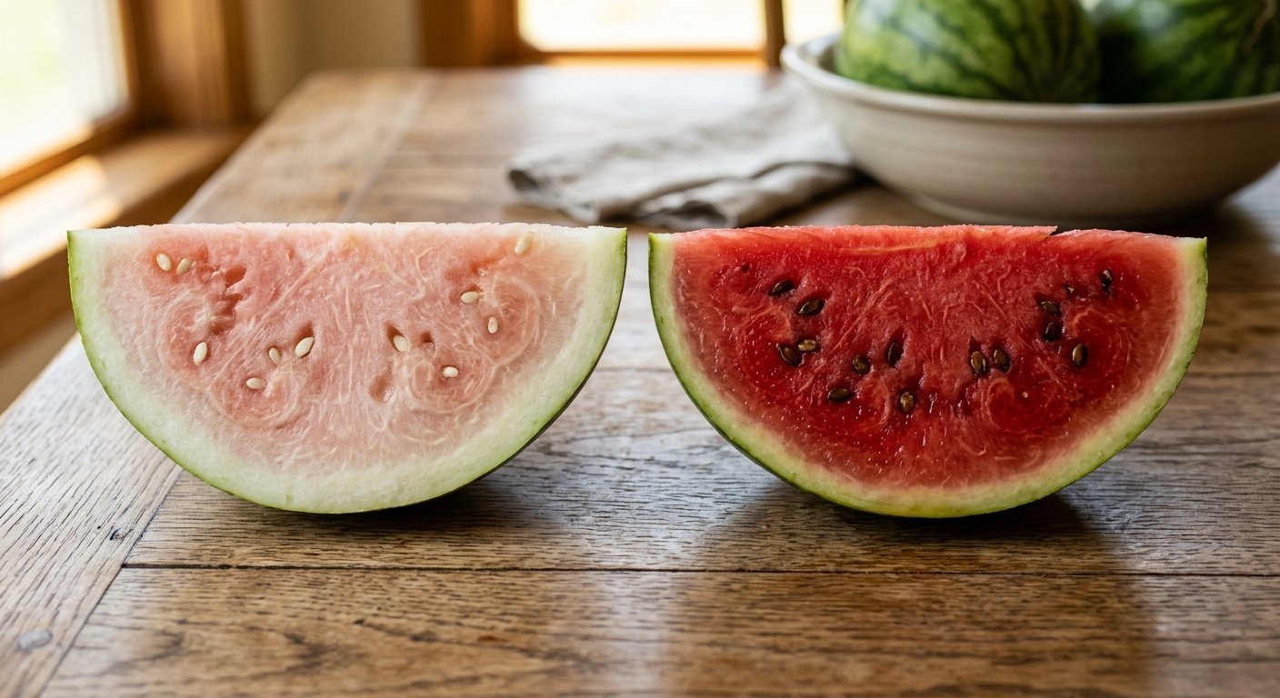 Side-by-side comparison of an underripe pale-pink watermelon slice and a perfectly ripe deep-red watermelon slice.