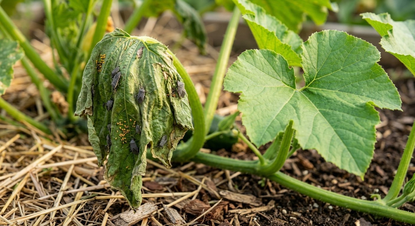 A wilting squash leaf covered in pests next to a healthy leaf.