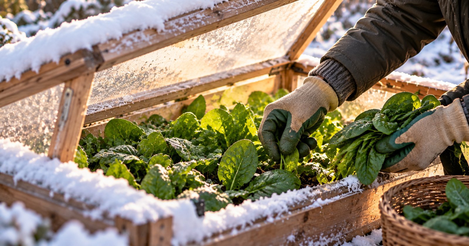 Gloved hands harvesting fresh spinach from a snow-dusted cold frame during winter.